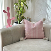 Handmade printed cushion cover with pompoms 50cmx50cm pink striped in white