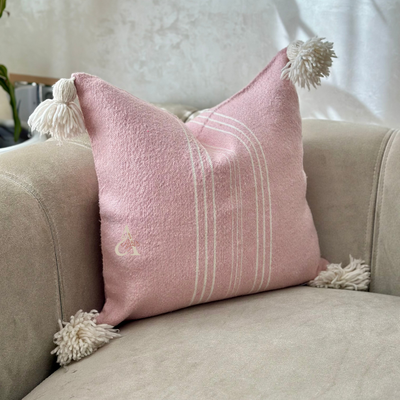 Handmade cushion cover with pompoms 50cmx50cm pink striped in white