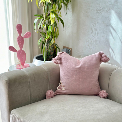 Handmade cushion cover with pompoms 50cmx50cm plain pink