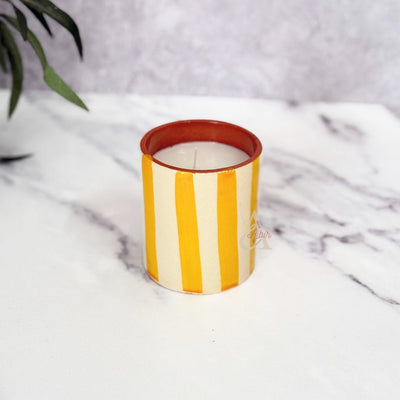 Handmade striped terracotta candle with Orange Blossom scent