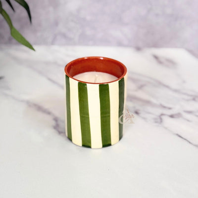 Handmade striped terracotta candle with Musk scent