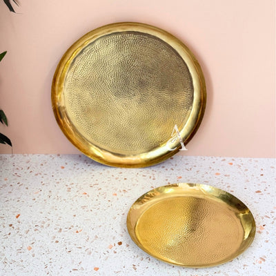Handcrafted hammered tray in gilded brass 30cm