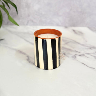 Handmade striped terracotta candle with Orange Blossom scent