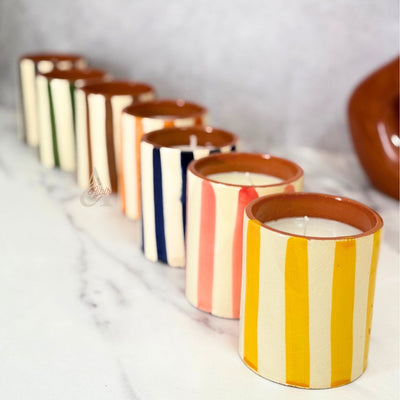 Handmade striped terracotta candle with Musk scent