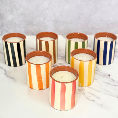 Handmade striped terracotta candle with Orange Blossom scent