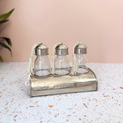 Set of 3 glass bottles with silver-plated brass holder for bathroom