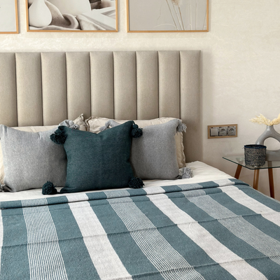 Handmade plaid printed with petrol blue striped pompom 2.80m x 2.00m