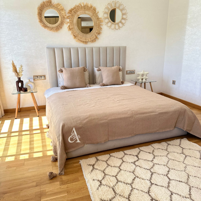 Plain handmade blanket with pompom Beige 2.80m x 2 m
