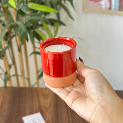 Red terracotta handmade candle with orange blossom scent
