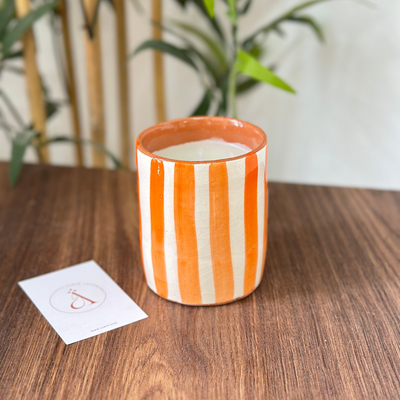 Orange striped handmade terracotta candle with Orange Blossom scent