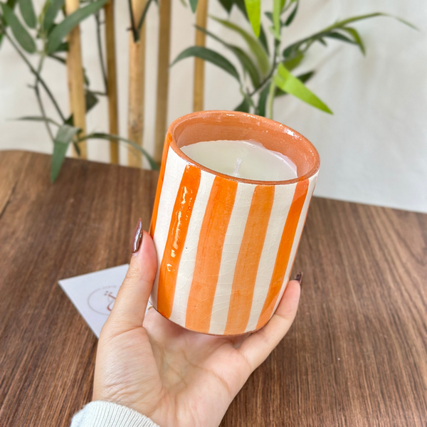 Orange striped handmade terracotta candle with Orange Blossom scent