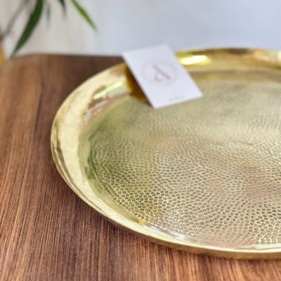 Handcrafted hammered tray in gilded brass 30cm