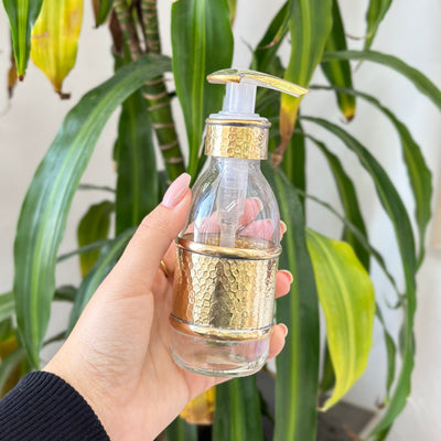Hammered glass and gold brass soap dispenser