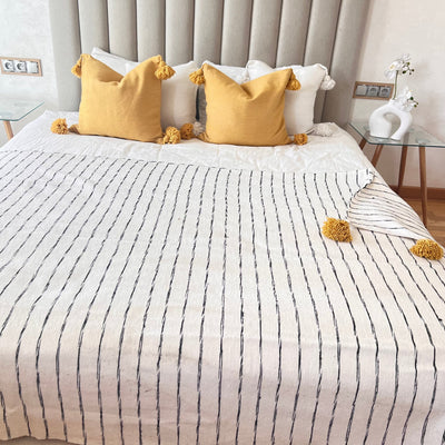 Handmade printed plaid with white, black and mustard pompom 2.80m x 2.00m