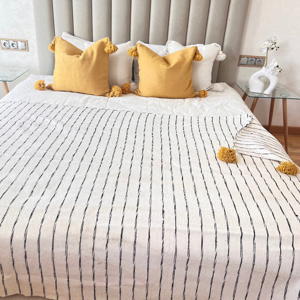 Handmade printed plaid with white, black and mustard pompom 2.80m x 2.00m