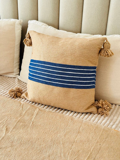 Handmade printed cushion cover with pompoms 50cmx50cm blue and beige