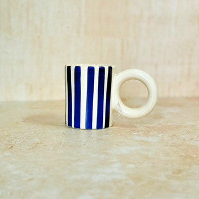 Blue striped mug with middle handle