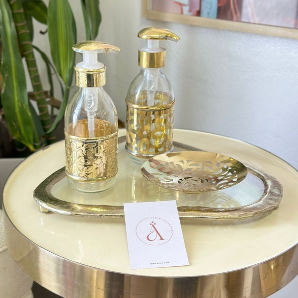 Large Zellige glass and gold brass soap dispenser