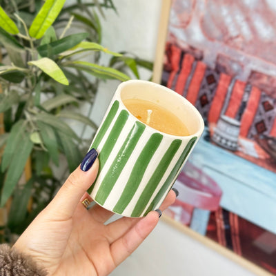 Handmade striped terracotta candle with Musk scent