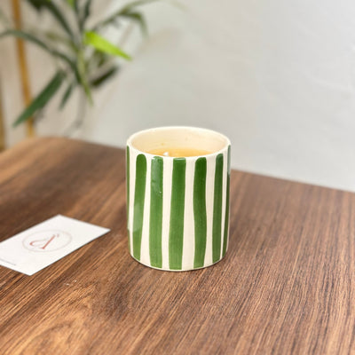 Handmade striped terracotta candle with Orange Blossom scent