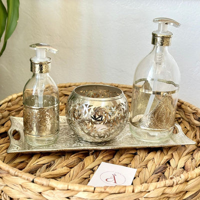 Large Adrar silver-plated glass and brass soap dispenser