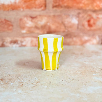 White and yellow striped coffee mug